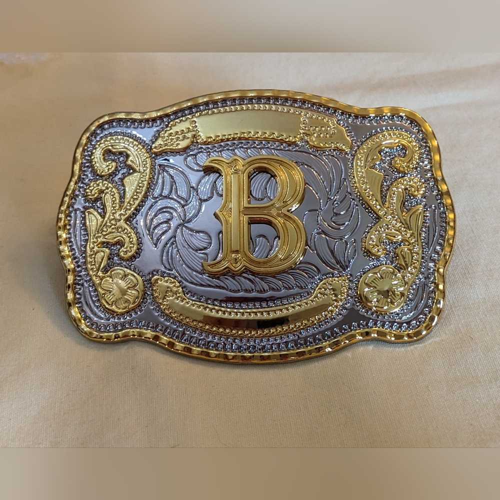 Western Initial B Belt Buckle Gold Silver Tone Cowboy Rodeo, T1MISB6B